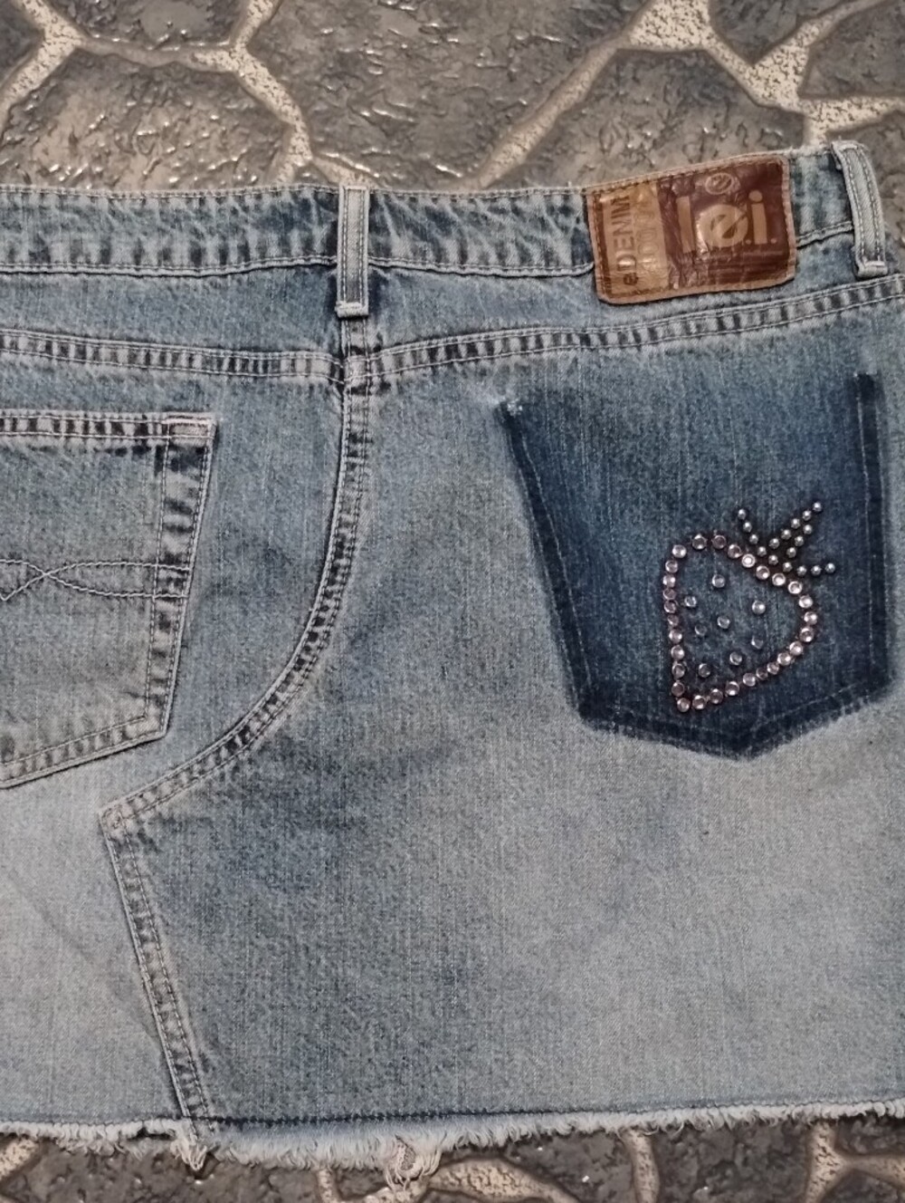 L.E.I Denim Mini Skirt Customized with rhinestones size 9 VINTAGE Y2K